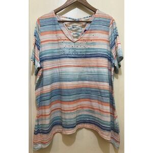 Catherines Womens Striped Top Size 1X Petite V-Neck Rhinestone Casual Tee Beachy